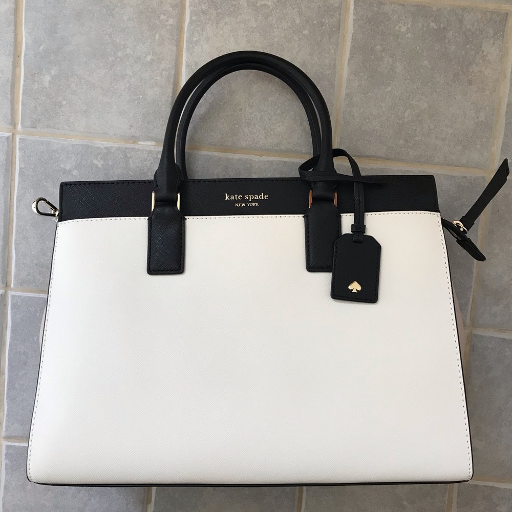 KATE SPADE LARGE SATCHEL BAG BEIGE BLACK CROSSBODY - Picture 2 of 8